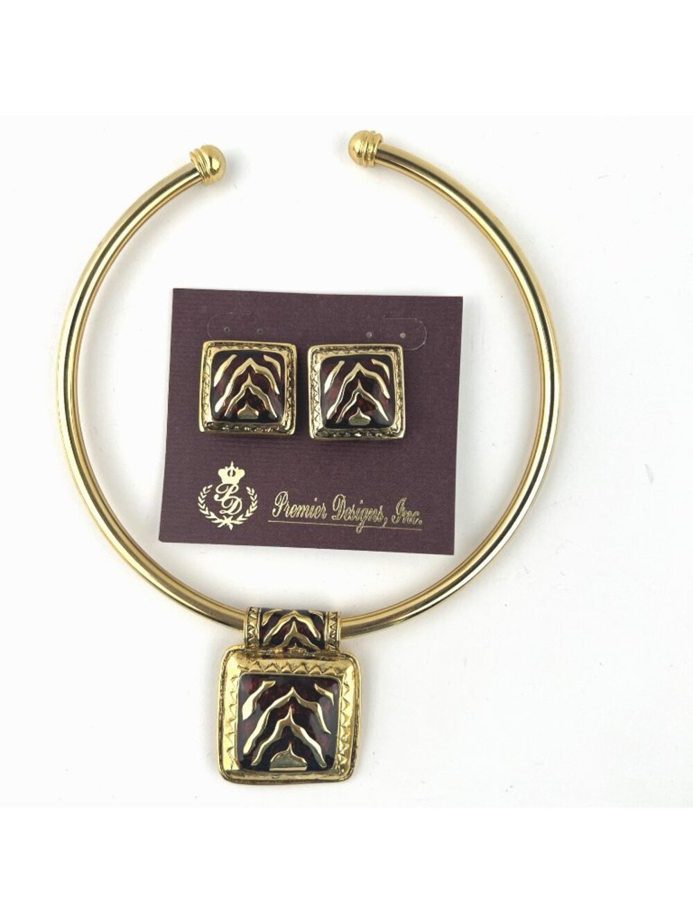 Premier Designs Jungle Fever Necklace Choker And Clip On Earrings Set Gold Tone